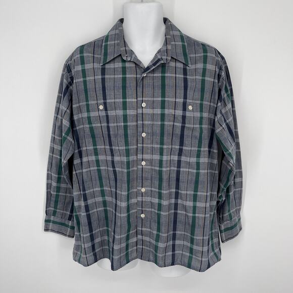 Pierre Cardin VINTAGE Plaid Blue Green Long Sleeve Button Front Shirt Mens Sz L - Picture 1 of 8